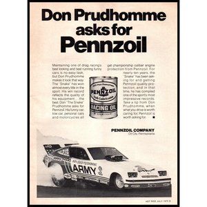 1975 Pennzoil Racing Motor Oil Vintage Print Ad Don Prudhomme Drag Race Wall Art